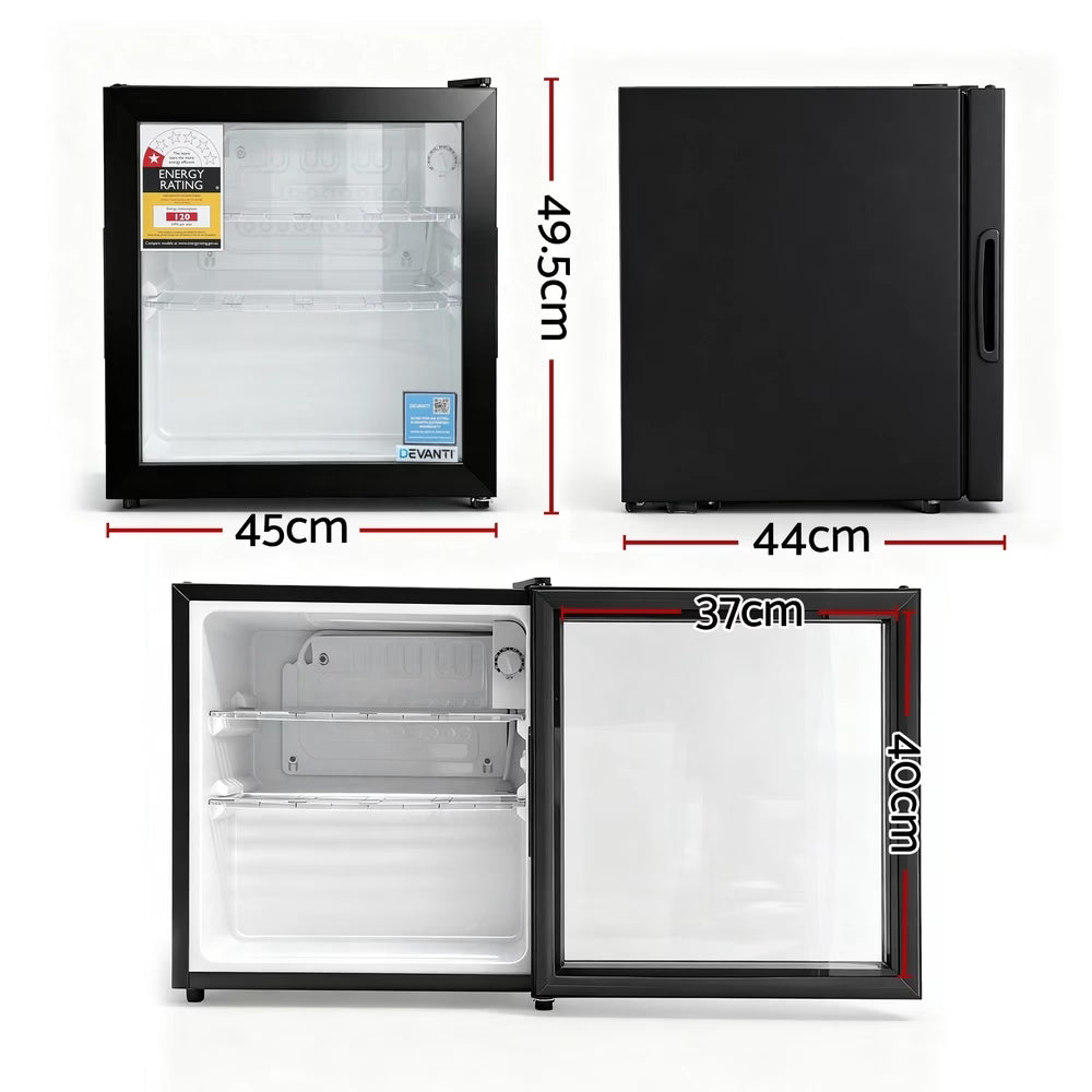 Devanti 40L Bar Fridge Glass Door Mini Fridge Countertop Cooler - Black