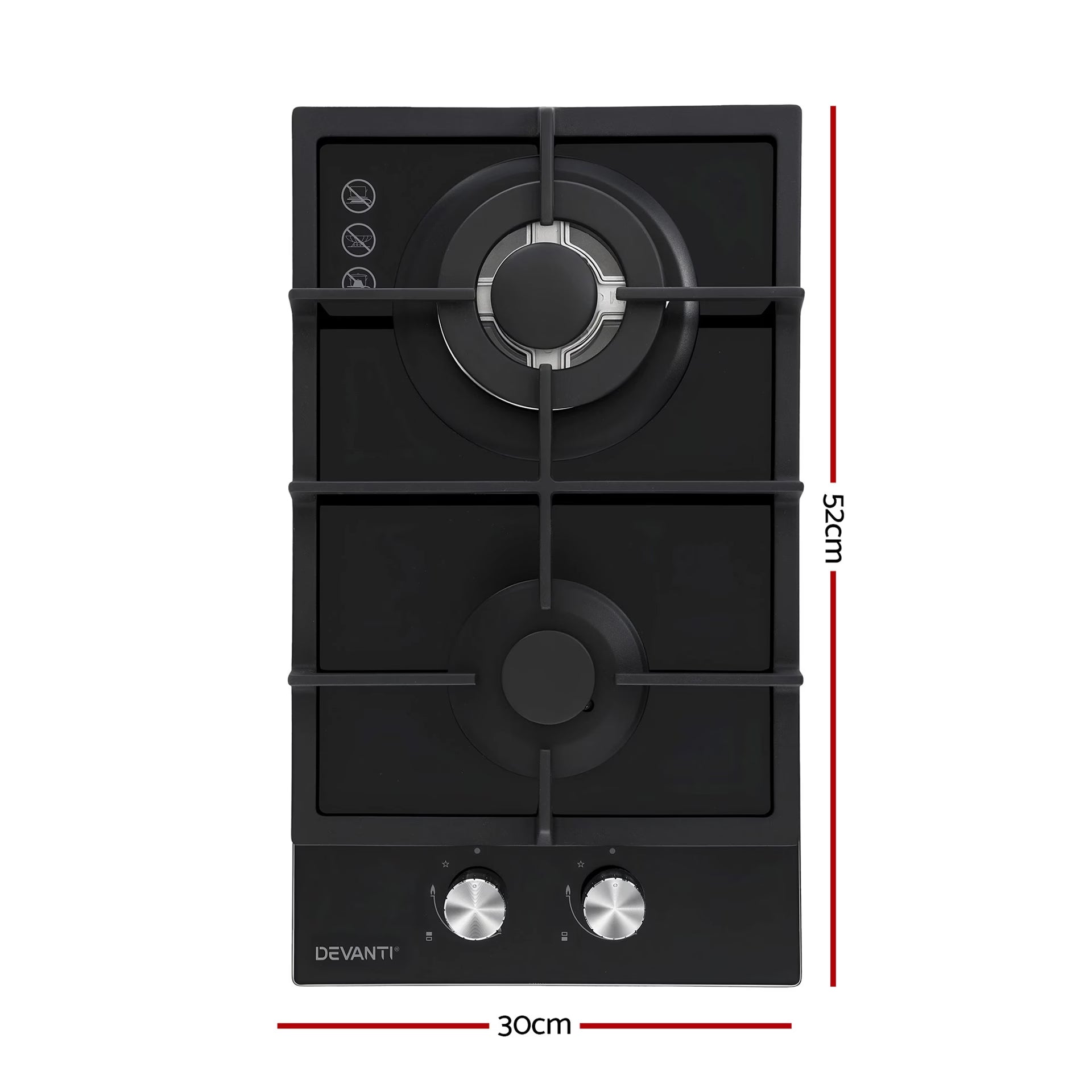 Devanti Gas Cooktop 30cm 2 Burner Built-in Stove Glass Cook Top NG LPG Wok Burner - Black