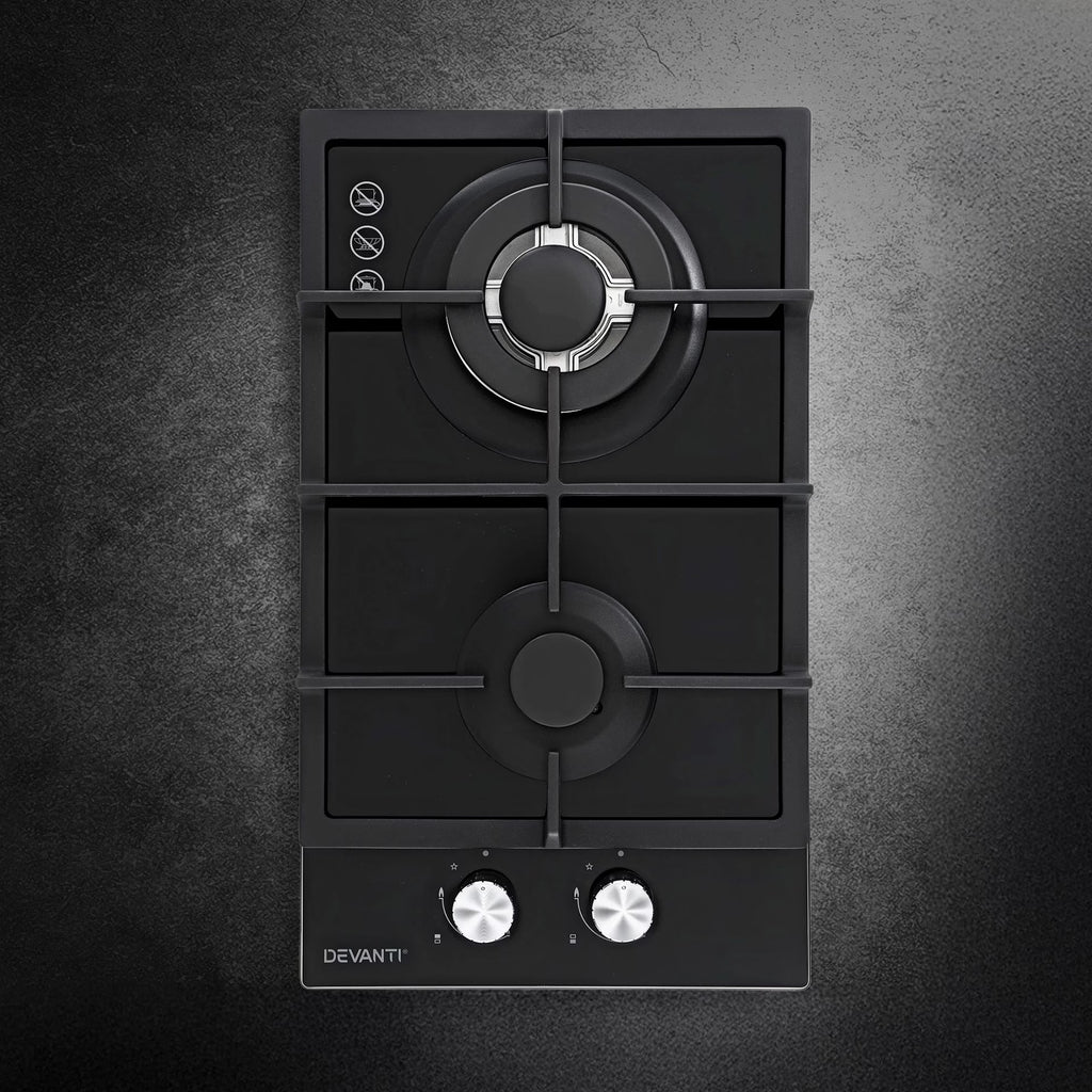 Devanti Gas Cooktop 30cm 2 Burner Built-in Stove Glass Cook Top NG LPG Wok Burner - Black