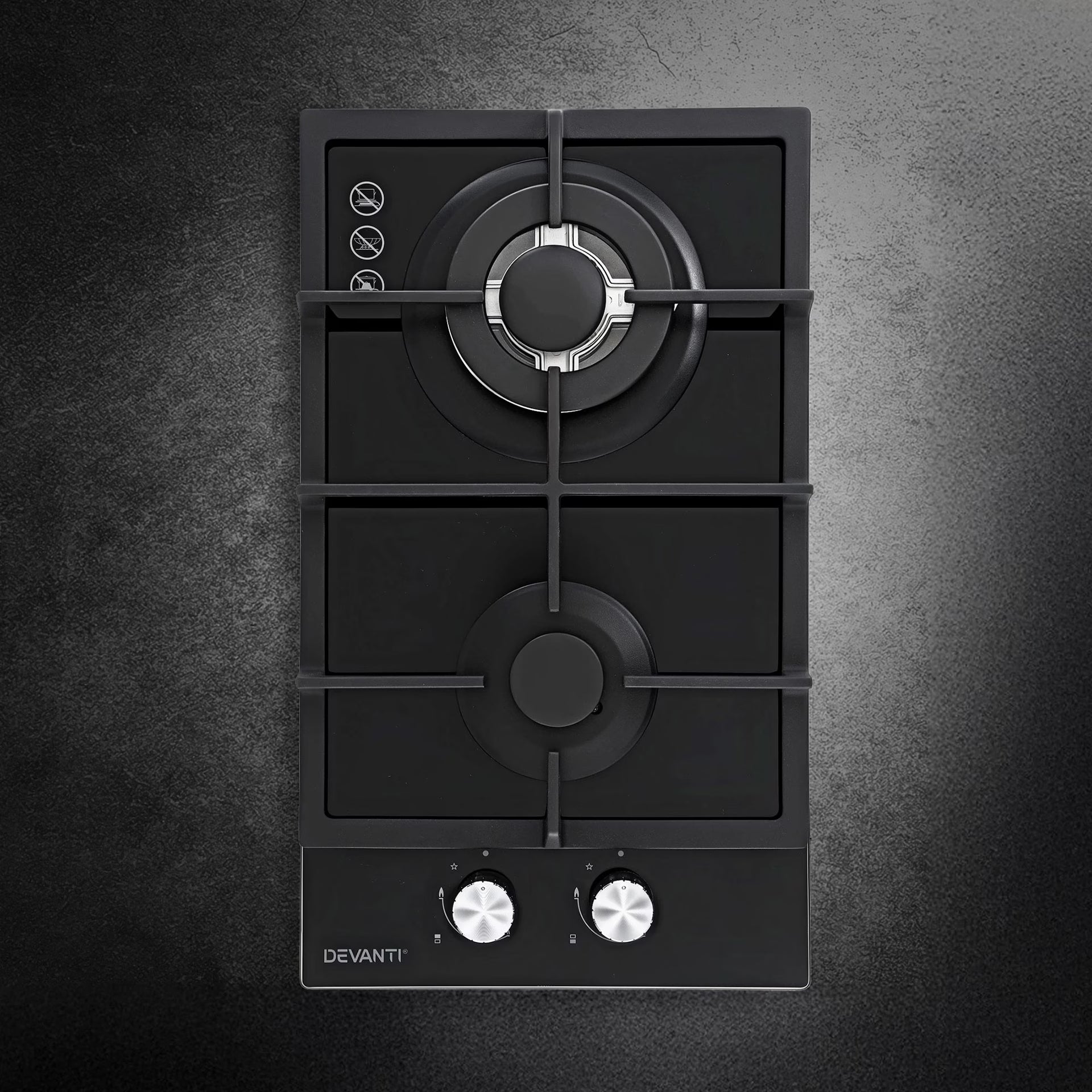Devanti Gas Cooktop 30cm 2 Burner Built-in Stove Glass Cook Top NG LPG Wok Burner - Black